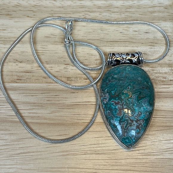 925 SILVER OVERLAY STATEMENT PENDANT MEXICAN LAGUNA LACE AGATE GEMSTONE - Picture 7 of 7